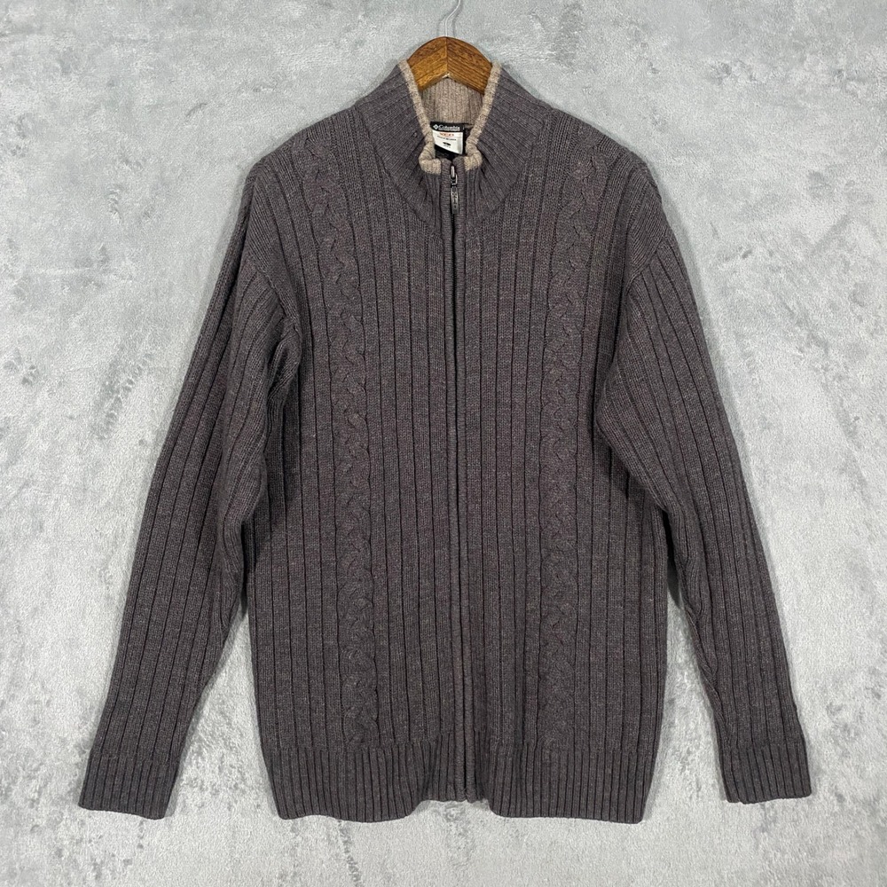 Columbia Full Zip Sweater Sz L Brown Cable Knit Wool Blend Mock Neck Outdoors